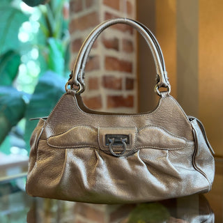 FERRAGAMO Metallic Champagne Leather Shoulder Bag