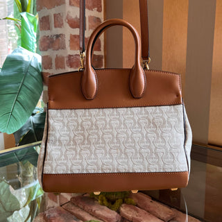 FERRAGAMO The Studio Medium Beige Brown Canvas Calfskin Gancini Tote Bag