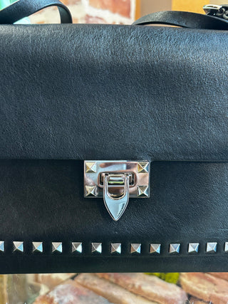 VALENTINO Black Vitello Rockstud Flap Shoulder Bag