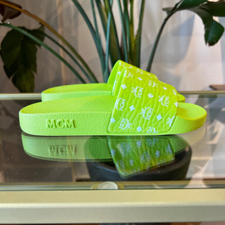 MCM lime Green Monogram Print Rubber Slides 37