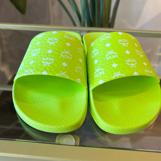 MCM lime Green Monogram Print Rubber Slides 37